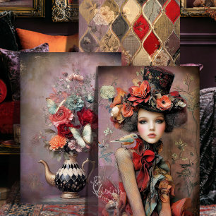 Elegant Hatter Harlequin Red Rose Trio Wrapping Paper Sheets