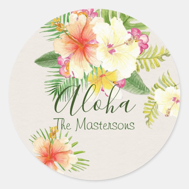 Elegant Hawaiian Aloha Tropical Personalized Classic Round Sticker (Front)