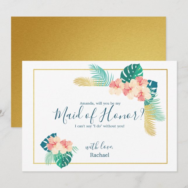 Elegant Hawaiian Hibiscus Be My Maid of Honor Card (Front/Back)