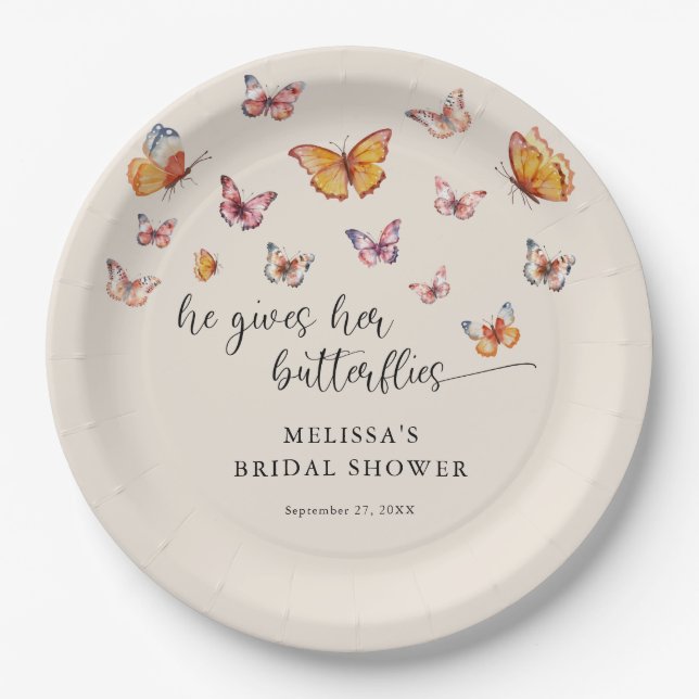 Elegant He Gives Me Butterflies Bridal Shower Paper Plates (Front)