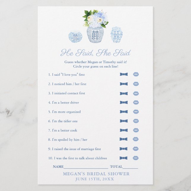 Elegant He Said She Said Bridal Shower Game Card (Front)