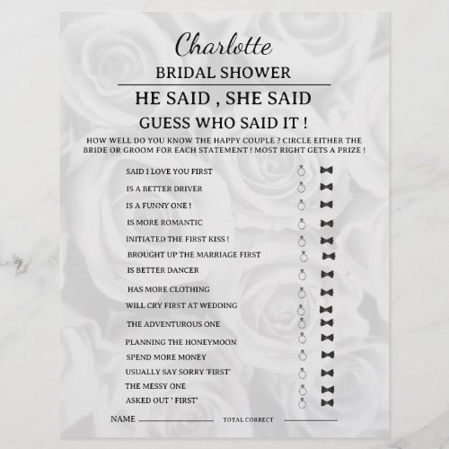  Elegant He said She said Bridal Shower Game  Flyer