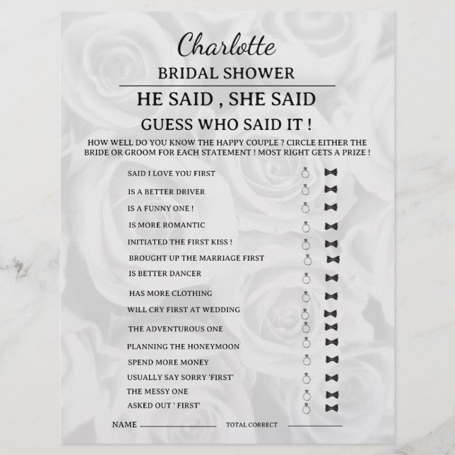  Elegant He said She said Bridal Shower Game  Flyer (Front)