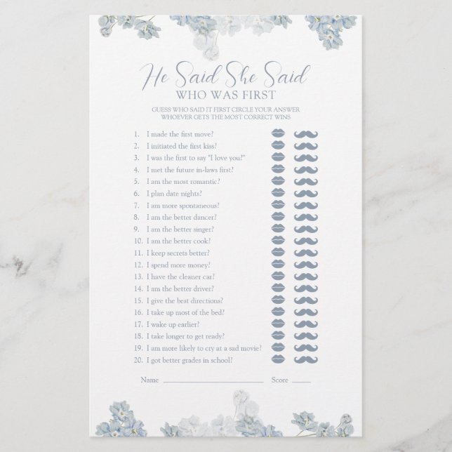 Elegant He Said She Said Dusty Blue Shower Game (Front)