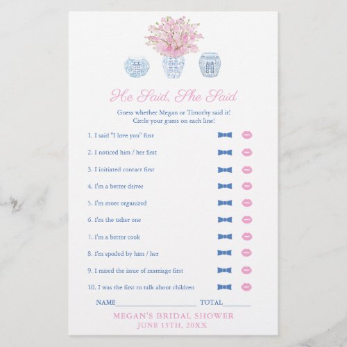 Elegant He Said She Said Wedding Shower Game Card