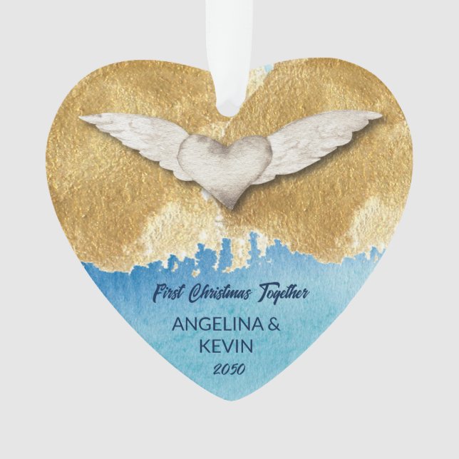 Elegant Heart Angel Wings First Christmas  Ornament (Front)