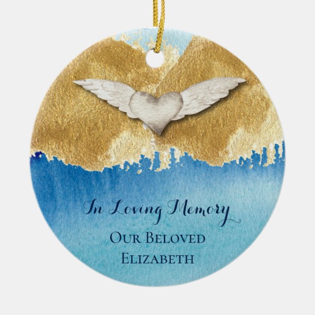Elegant Heart Angel Wings Loving Memory Monogram Ceramic Ornament (Front)