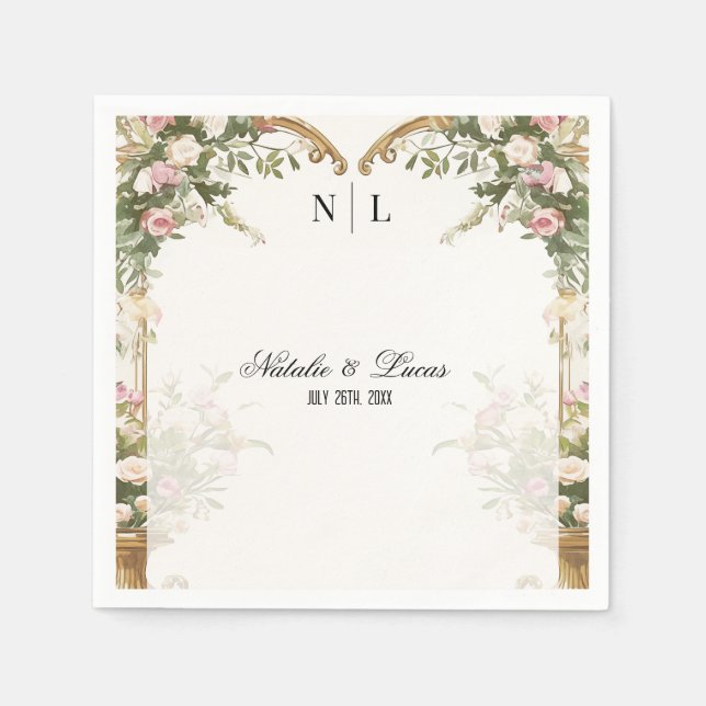 Elegant Heart Arch Blush Floral and Gold Wedding Napkins (Front)