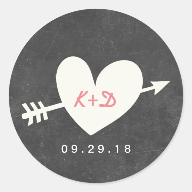 Elegant Heart & Arrow Chalkboard Wedding Classic Round Sticker (Front)