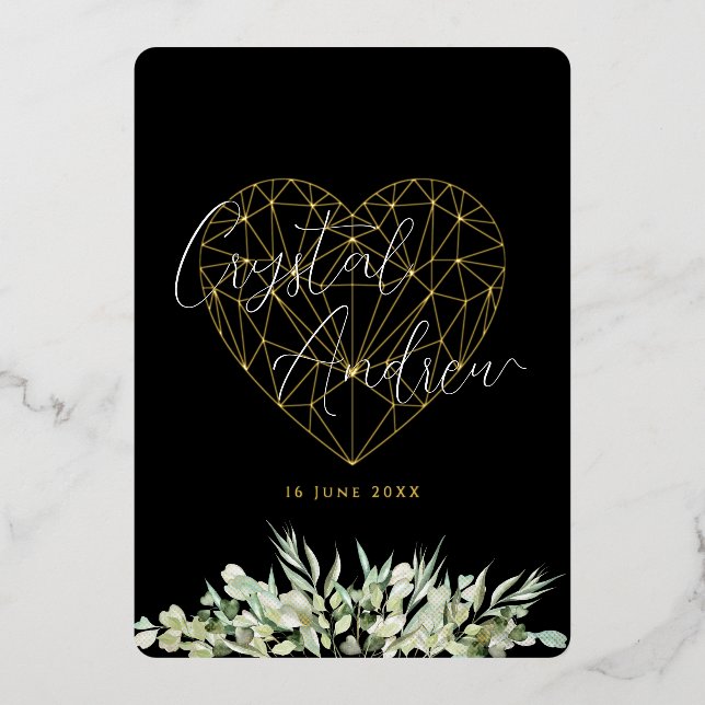Elegant Heart Black Foliage Formal Wedding Foil Invitation (Front)