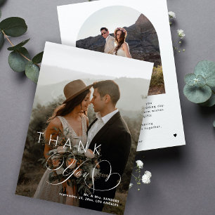 Elegant heart calligraphy 2 photo wedding thank you card