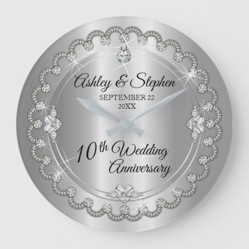 Elegant Heart Diamonds 10th Wedding Anniversary Large Clock