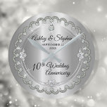 Elegant Heart Diamonds 10th Wedding Anniversary Round Clock<br><div class="desc">Opulent elegance frames this 10th wedding anniversary design in a unique scalloped diamond design with center teardrop diamond with faux added sparkles on a tin colored gradient. Original design by Holiday Hearts Designs (rights reserved). Please note that all embellishments are printed and are only made to appear as real as...</div>