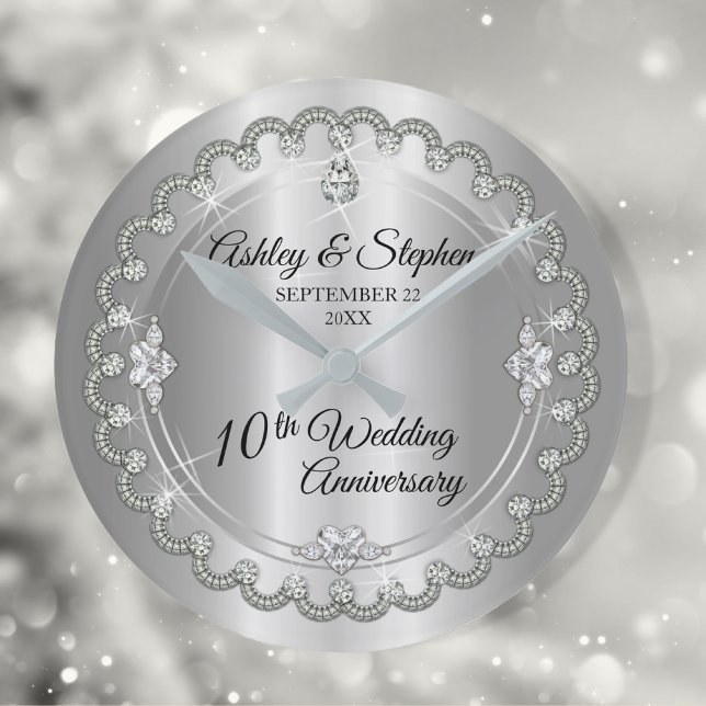 Elegant Heart Diamonds 10th Wedding Anniversary Round Clock (Creator Uploaded)