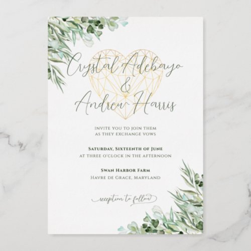 Elegant Heart Eucalyptus Foliage Formal Wedding  Foil Invitation