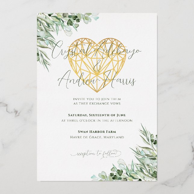 Elegant Heart Eucalyptus Foliage Formal Wedding  Foil Invitation (Back)