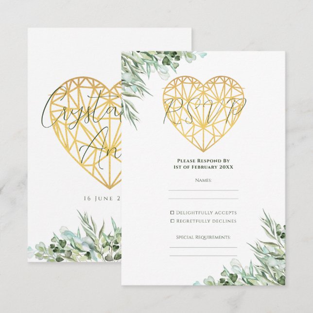 Elegant Heart Eucalyptus Foliage Formal Wedding RSVP Card (Front/Back)