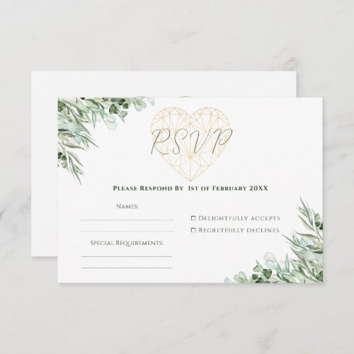 Elegant Heart Eucalyptus Foliage Formal Wedding RSVP Card