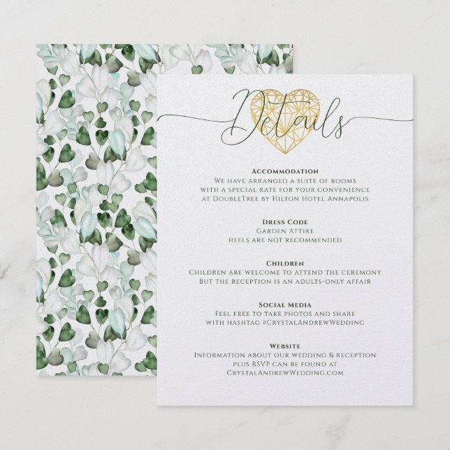 Elegant Heart Eucalyptus Foliage Wedding Details Invitation (Front/Back)
