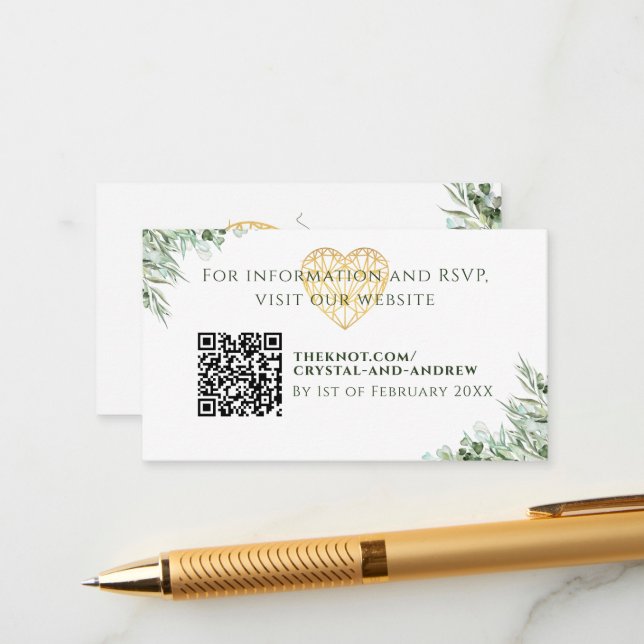 Elegant Heart Eucalyptus Foliage Wedding Website Enclosure Card (Front/Back In Situ)