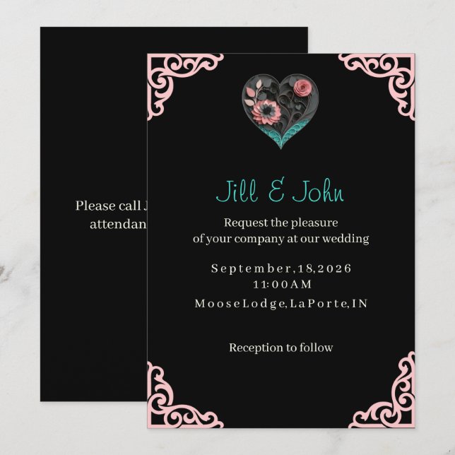 Elegant Heart Flower Wedding Invitation (Front/Back)