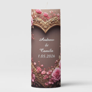 Elegant Heart Frame Decorated With Pink Roses Pillar Candle