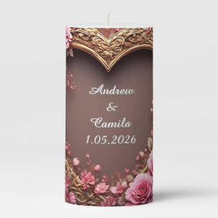 Elegant Heart Frame Decorated With Pink Roses Pillar Candle