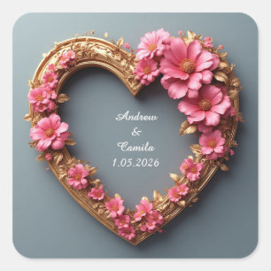 Elegant Heart Frame Decorated With Pink Roses Square Sticker