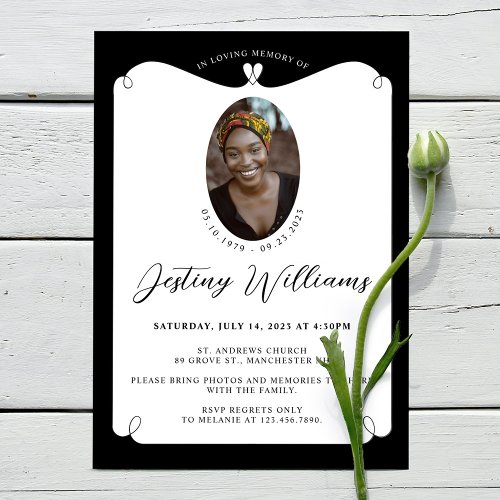 Elegant Heart Frame Loving Memory Photo Funeral Invitation