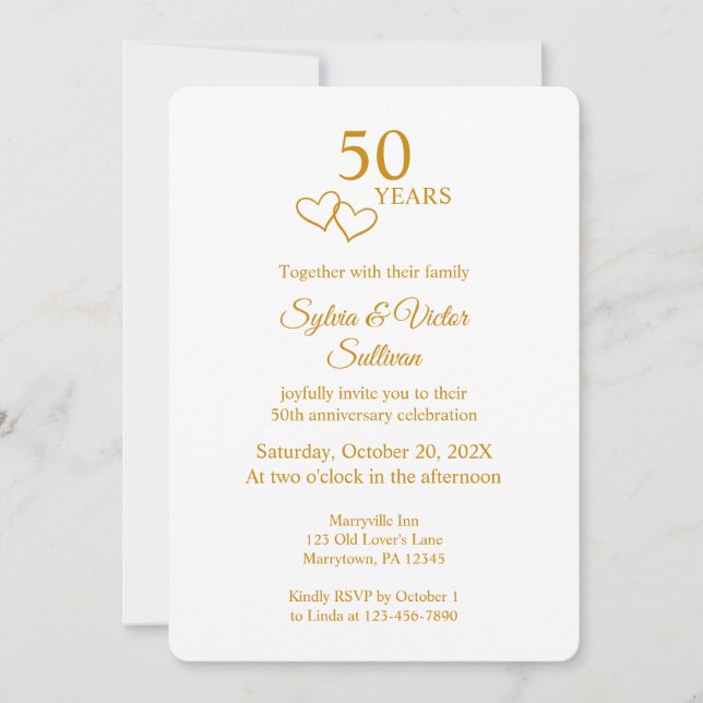Elegant Heart Golden 50th Wedding Anniversary Invitation (Front)