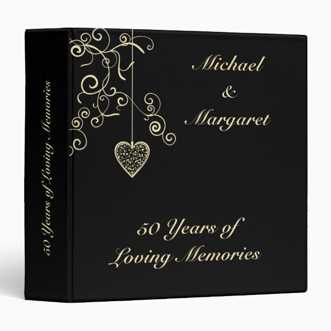 Elegant Heart Golden Wedding Anniversary 3 Ring Binder (Front/Spine)