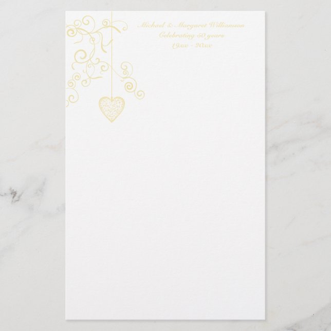 Elegant Heart Golden Wedding Anniversary Stationery (Front)