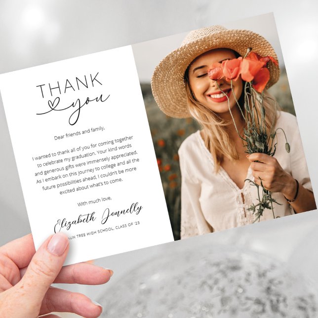 Elegant Heart Graduation Photo Thank You Card (Creator Uploaded)