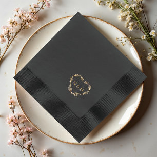 Elegant Heart Greenery Wreath Monogram Wedding Foil Napkins