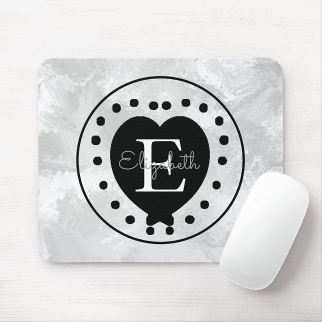 Elegant Heart Initial Letter Monogram Black White Mouse Pad (With Mouse)
