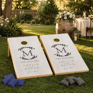 Elegant Heart Laurel Wedding Couple Monogram Cornhole Set