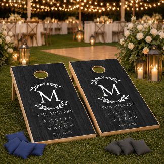 Elegant Heart Laurel Wreath Wedding Monogram Cornhole Set