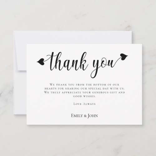 Elegant Heart Motif Typography Black White Wedding Thank You Card