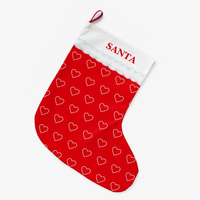 Elegant Heart Pattern  on Red Large Christmas Stocking (Front (Hanging))