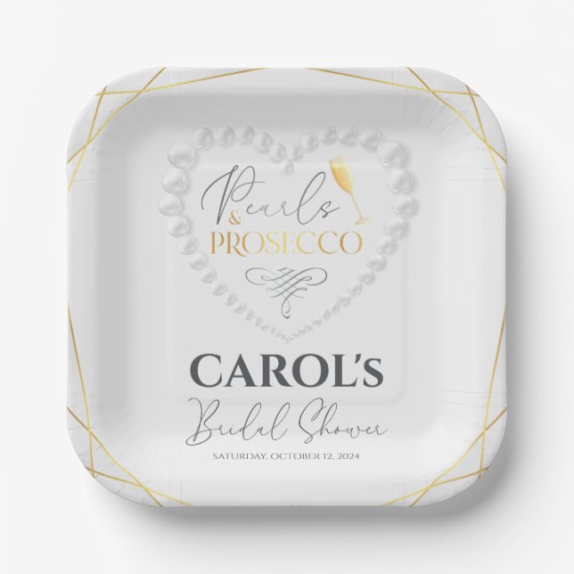 Elegant Heart Pearls & Prosecco Gold Bridal Shower Paper Plates (Front)