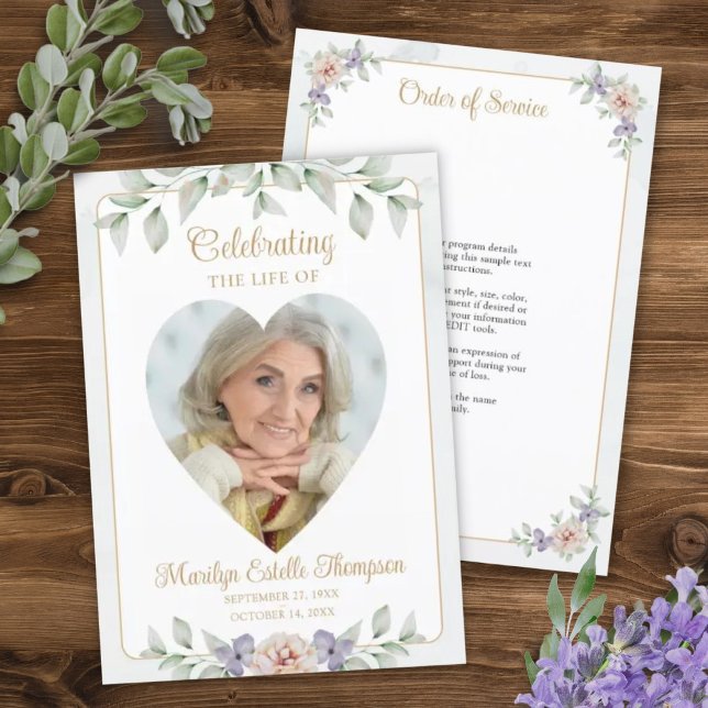 Elegant Heart Photo Watercolor Floral Memorial Program (Creator Uploaded)