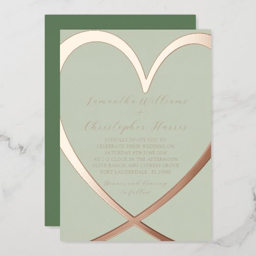 Elegant Heart Rose Gold  Green Wedding Invitation Foil Invitation