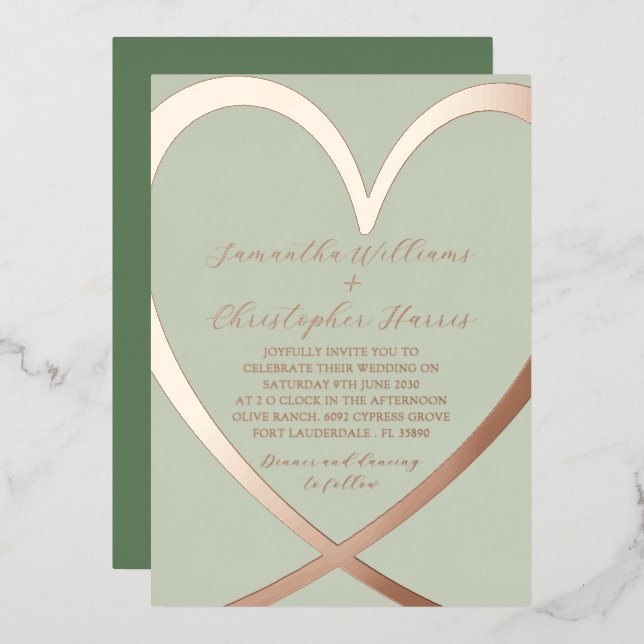 Elegant Heart Rose Gold & Green Wedding Invitation Foil Invitation (Front/Back)