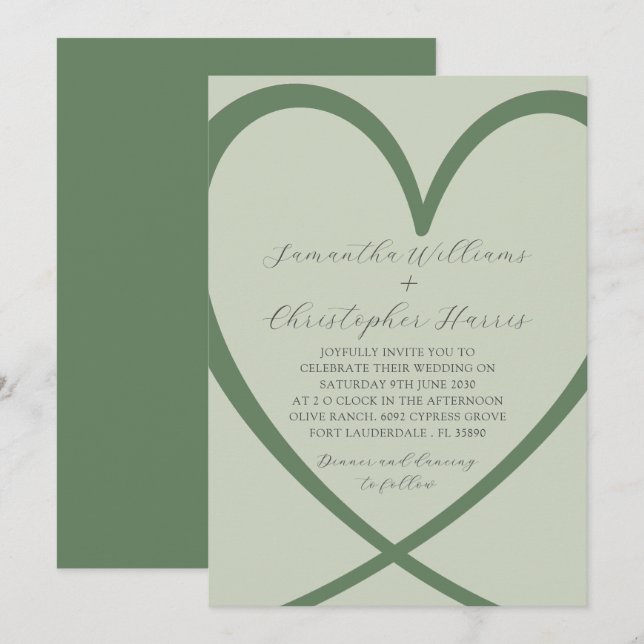 Elegant Heart Sage Green Wedding Invitation (Front/Back)