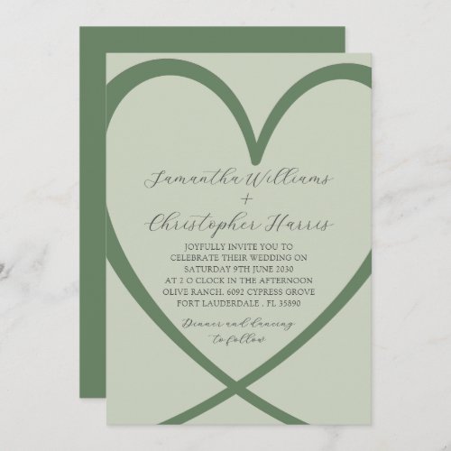 Elegant Heart Sage Green Wedding Invitation