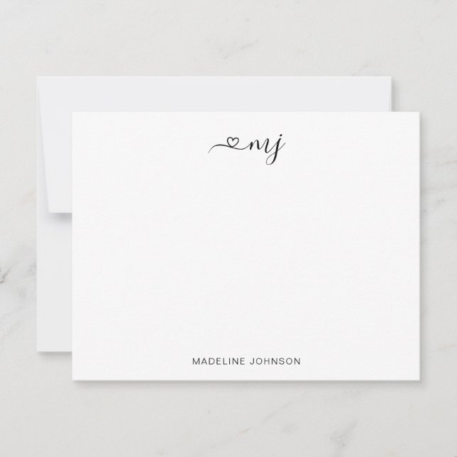 Elegant Heart Script 2 Initial Black Monogram Note Card (Front)