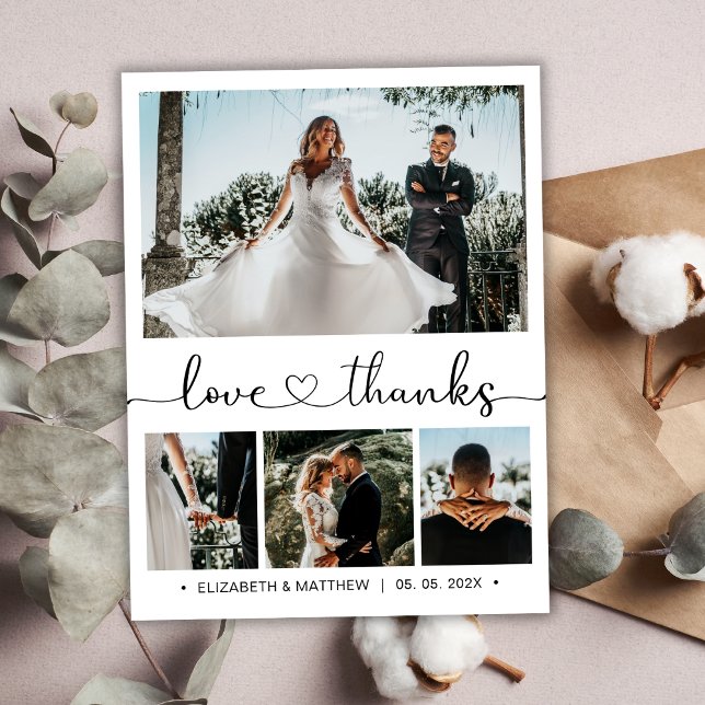 Elegant Heart Script 4 Photo Wedding Thank You Card (Creator Uploaded)