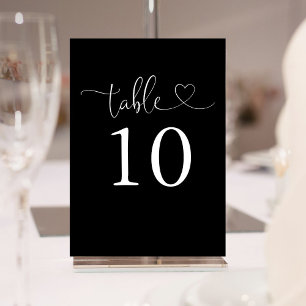 Elegant Heart Script Black And White Table Number