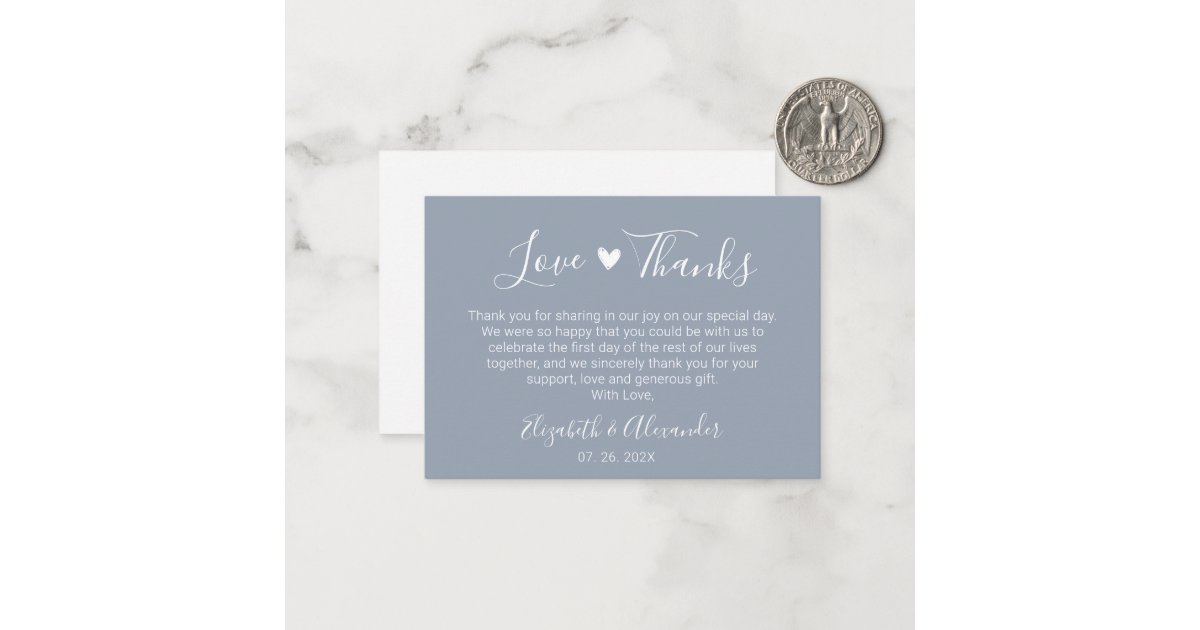Elegant Heart Script Dusty Blue Wedding Thank You Note Card | Zazzle