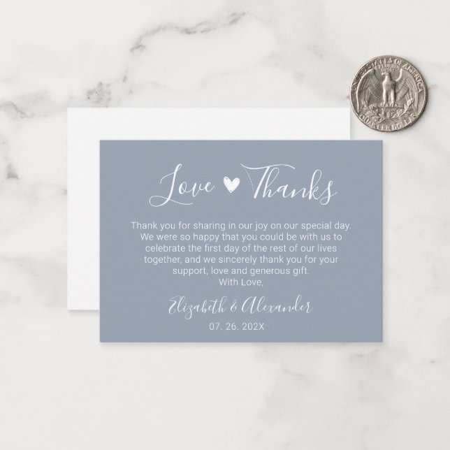Elegant Heart Script Dusty Blue Wedding Thank You Note Card (Front/Back In Situ)